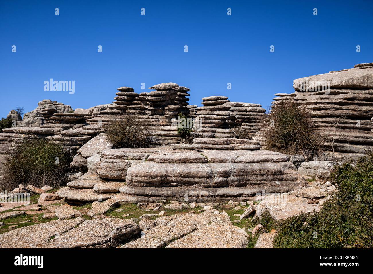 Landschaft des El Torcal de Antequera Gebirges. „Tornillo“-Gesteinsbildung. Spanien, Andalusien, Provinz Malaga Stockfoto