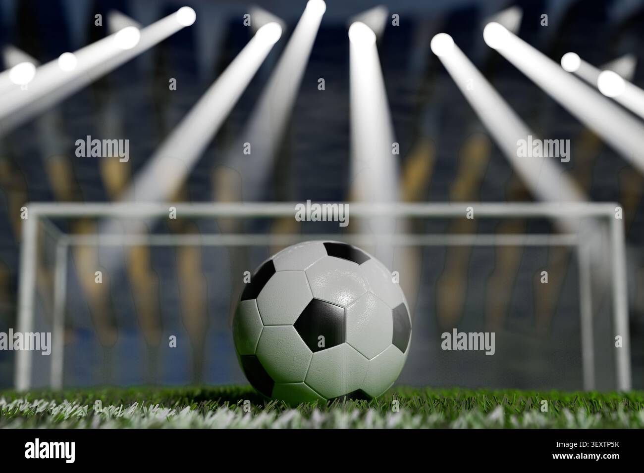 Ein dramatisches 3D-Rendering eines klassischen Schwarz-weiß-Fußballs auf einem grünen Rasenfeld, das vor einem weißen Tornetz unter starken Lichtstrahlen positioniert wird Stockfoto
