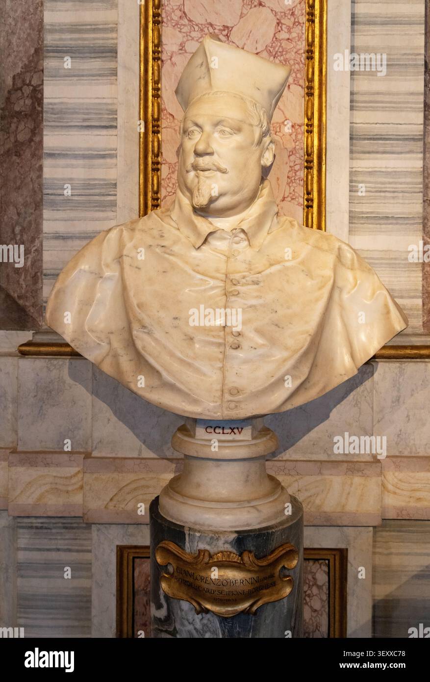Gian Lorenzo Bernini, oder Bernini, "Büste von Scipione Borghese", 1632. Bernini-Skulptur; italienischer Renaissance-Bildhauer, Maler und Architekt aus dem 17. Jahrhundert und Anführer der Barockskulptur. Skulptur aus Marmor aus den 1600er Jahren. Stockfoto
