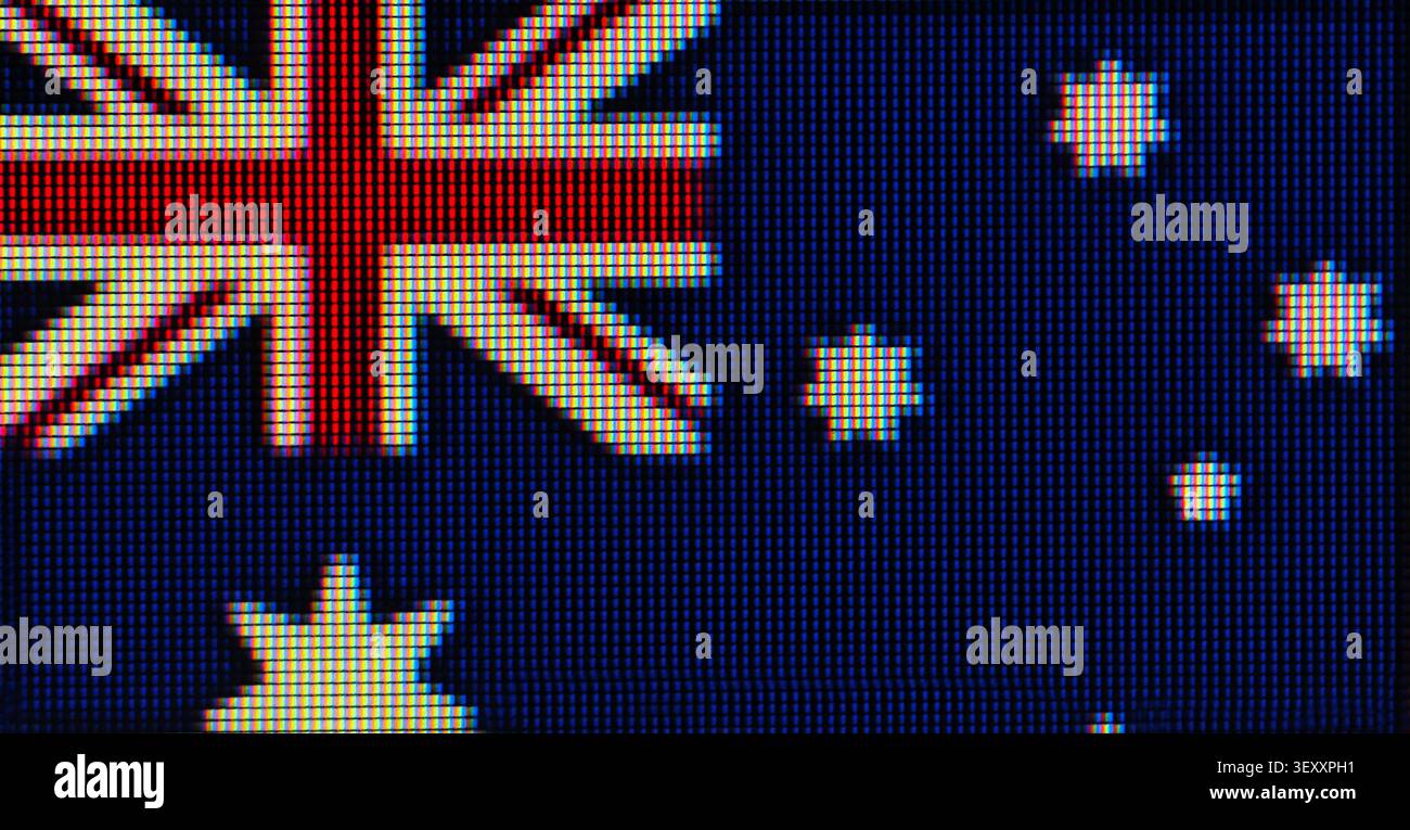 Australische Flagge mit Nahaufnahme auf einem digitalen Display mit sichtbarem rotem, weißem und blauem Pixelraster Stockfoto