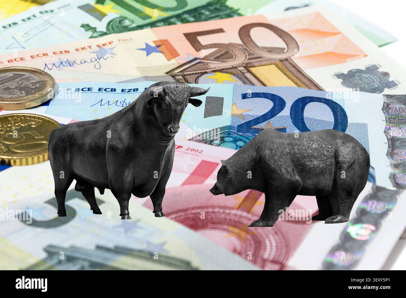 Bulle und Bär, Symbolfiguren der Börse, Bär gleich fallende Kurse, Bulle gleich steigende Kurse McPKST *** der Stier und der Bär, Symbolfiguren von Stockfoto