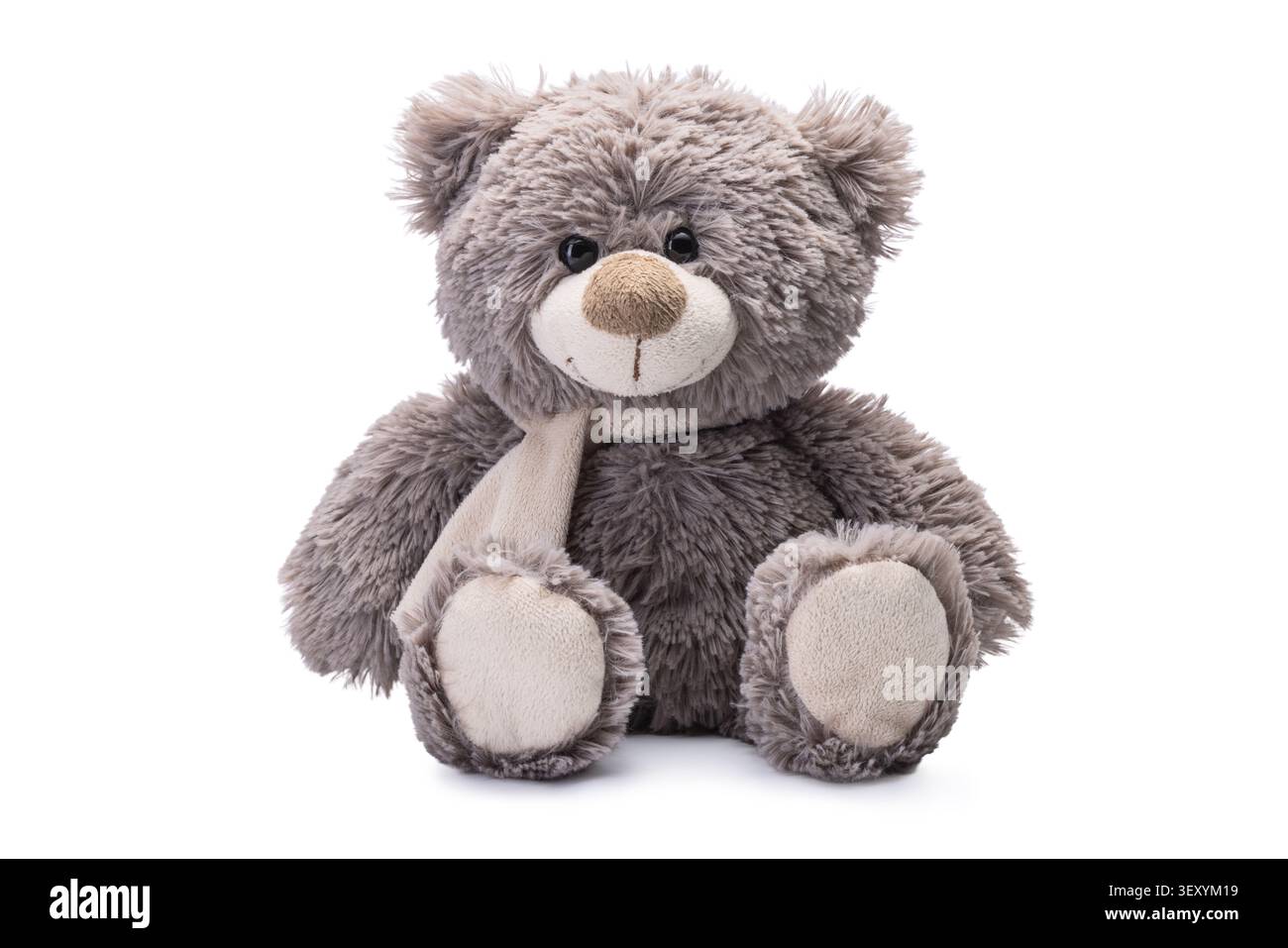 Niedliches flauschiges Teddybär Plüschtier mit Schal isoliert auf weißem Hintergrund Stockfoto