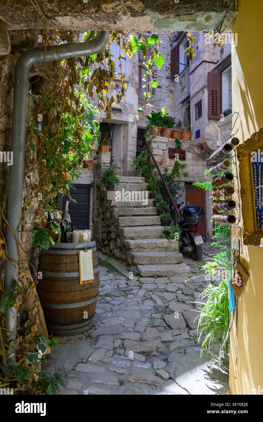 Der Eingang zu einer Weinbar in der Altstadt von Rovinj, Istrien, Kroatien Stockfoto