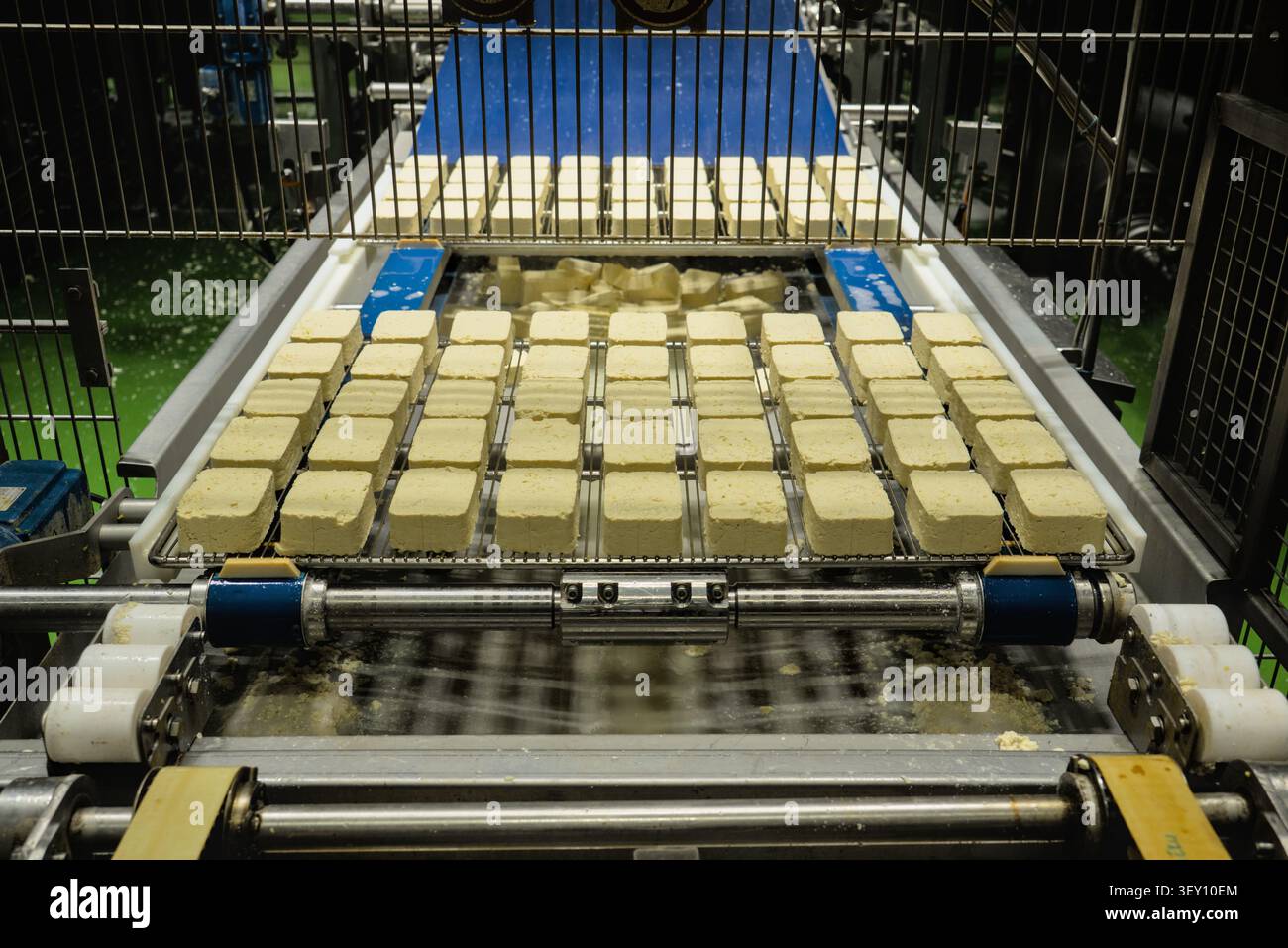 Hochwinkelansicht der Produktionslinie für Tofu-Käse mit automatisiertem Industrieförderer Stockfoto