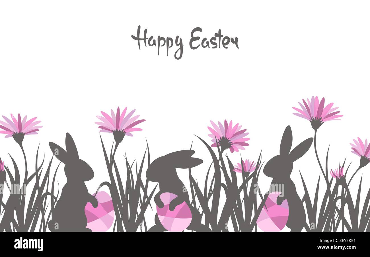 Osterkartenschablone mit Kaninchen Silhouetten und Blumen. Vektorabbildung Stock Vektor