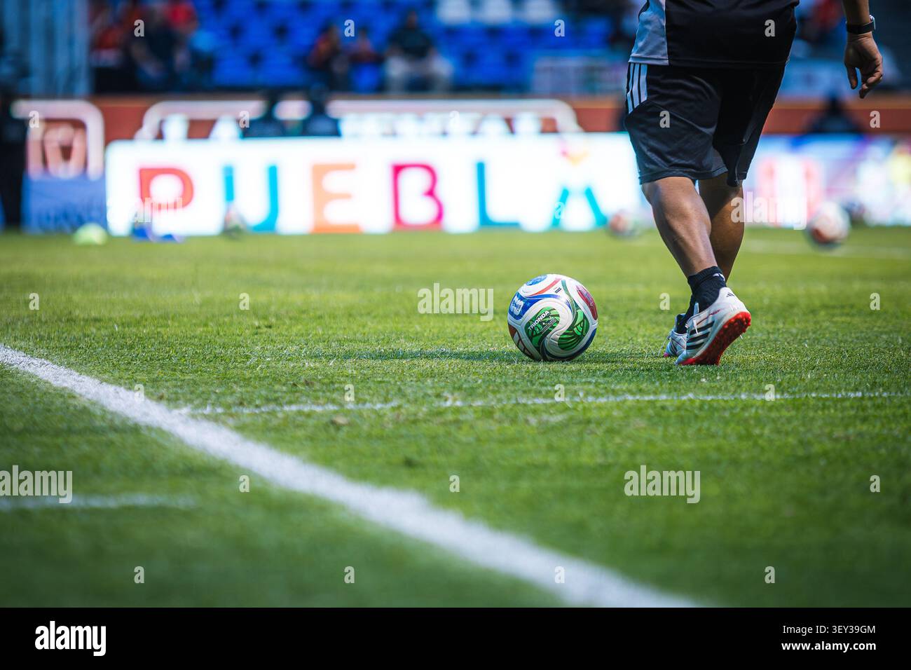 Nahaufnahme einer Person, die neben einem Fußball auf dem grünen Gras des Cuauhtemoc Stadions läuft. Stockfoto