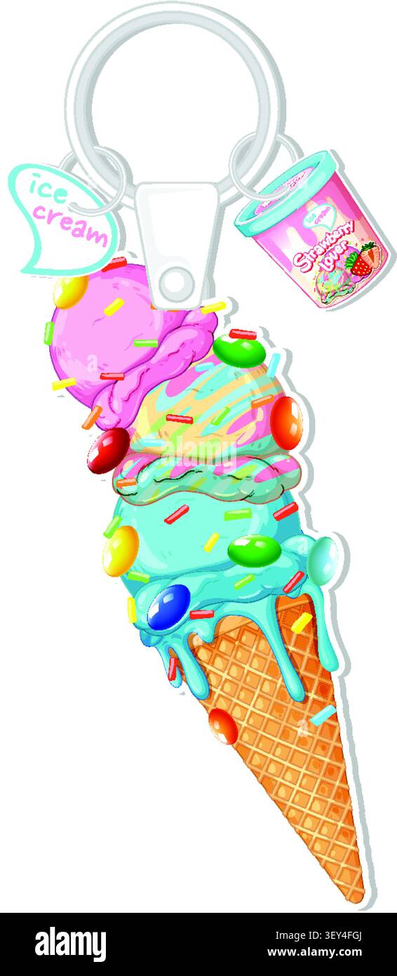Lebendige Vektor-Illustration eines Schlüsselanhängers für Eiscreme mit mehreren Schaufeln mit Streuseln und kleinen Charms Stock Vektor