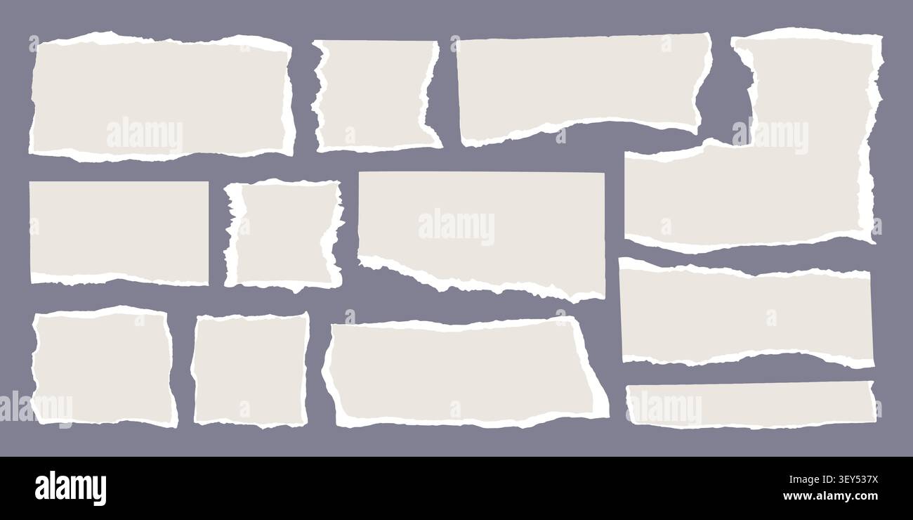Gerissene Papierstücke mit gezackten Kanten bilden auffällige Design Element Vektor Illustration Set. Stock Vektor