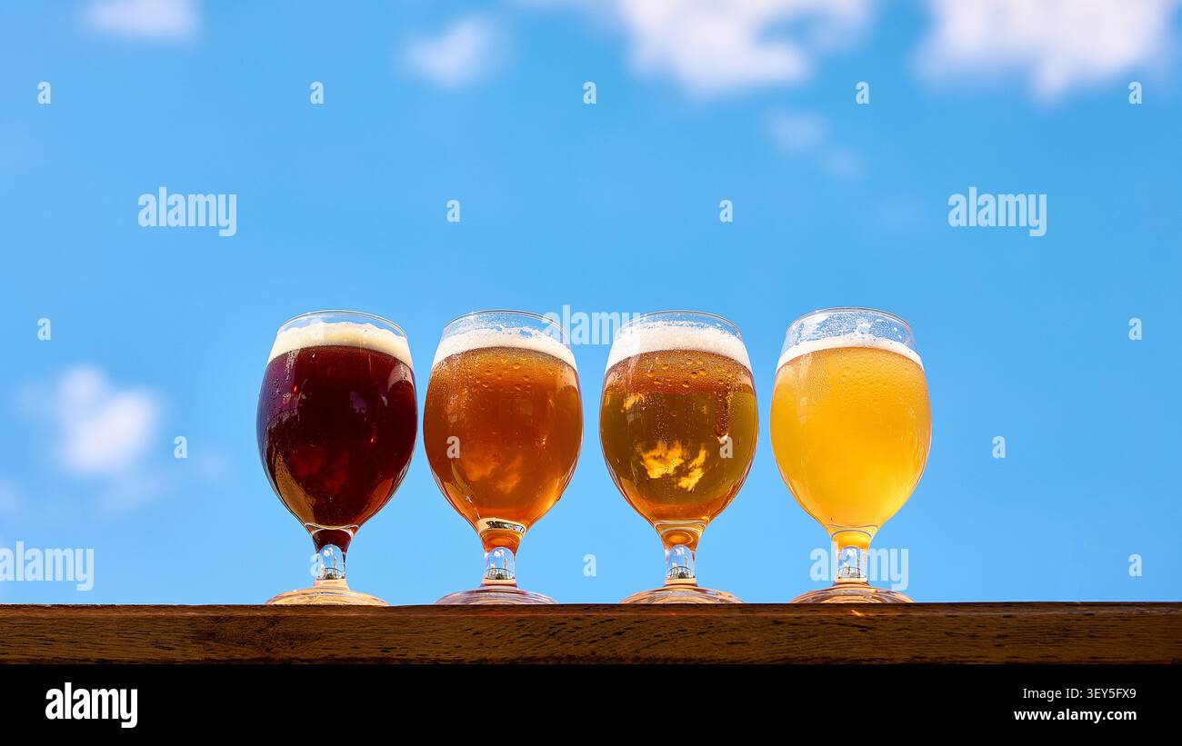 Verschiedene Craft-Bier-Gläser für Brauereimenü und Getränke-Branding. Stockfoto