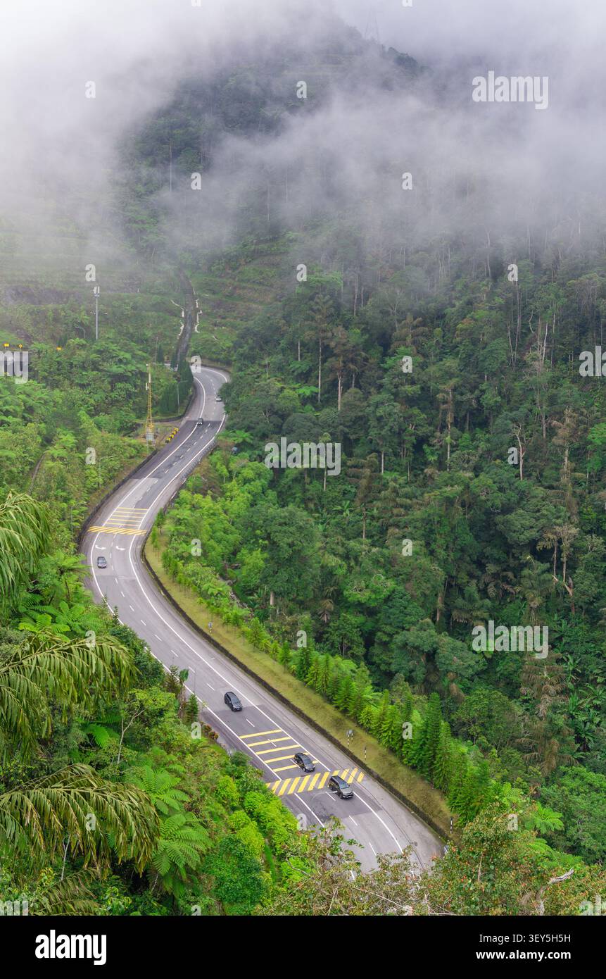 Luftaufnahme einer sich windenden zweispurigen Autobahn, die sich durch dichten tropischen Regenwald auf einem nebligen Berghang schneidet, mit sichtbaren Fahrzeugen auf der Straße in Mal Stockfoto