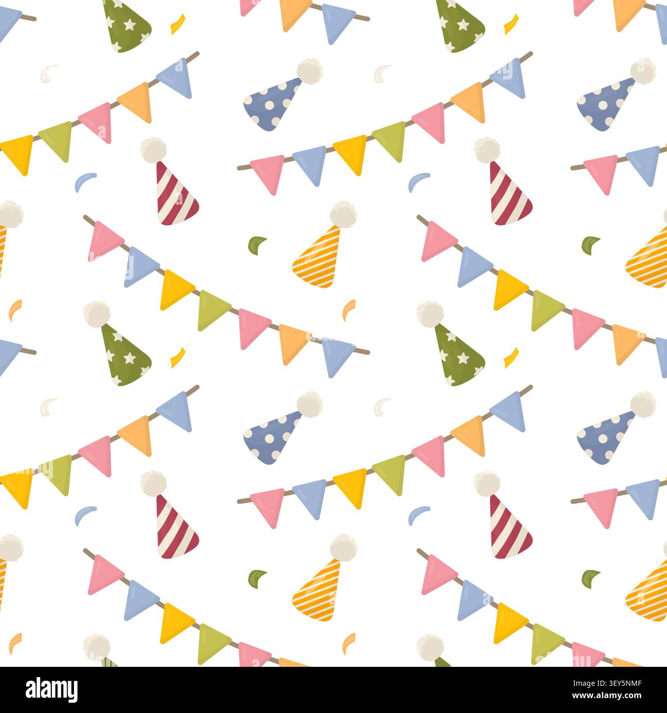 Nahtloses Muster mit Partyhüten, bunten Flaggen und Konfetti. Vektorillustration in weichem, flachem minimalem Stil. Festlicher Hintergrund für Geburtstagsdekoration Stock Vektor