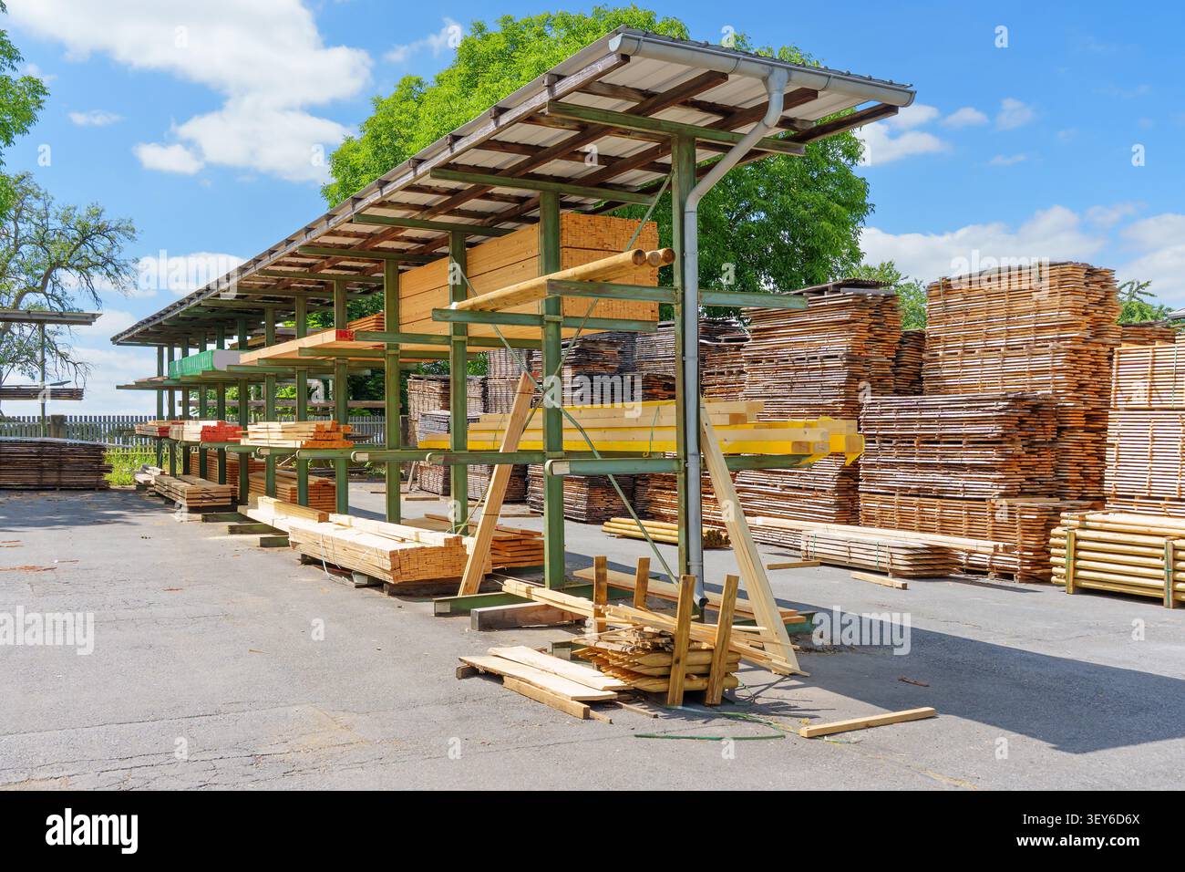 Holzdielen und -Bretter stapeln auf grünen Metallregalen unter einem Schuppendach in einem Außenbereich. Asphaltboden und grüne Bäume sind sichtbar. Stockfoto