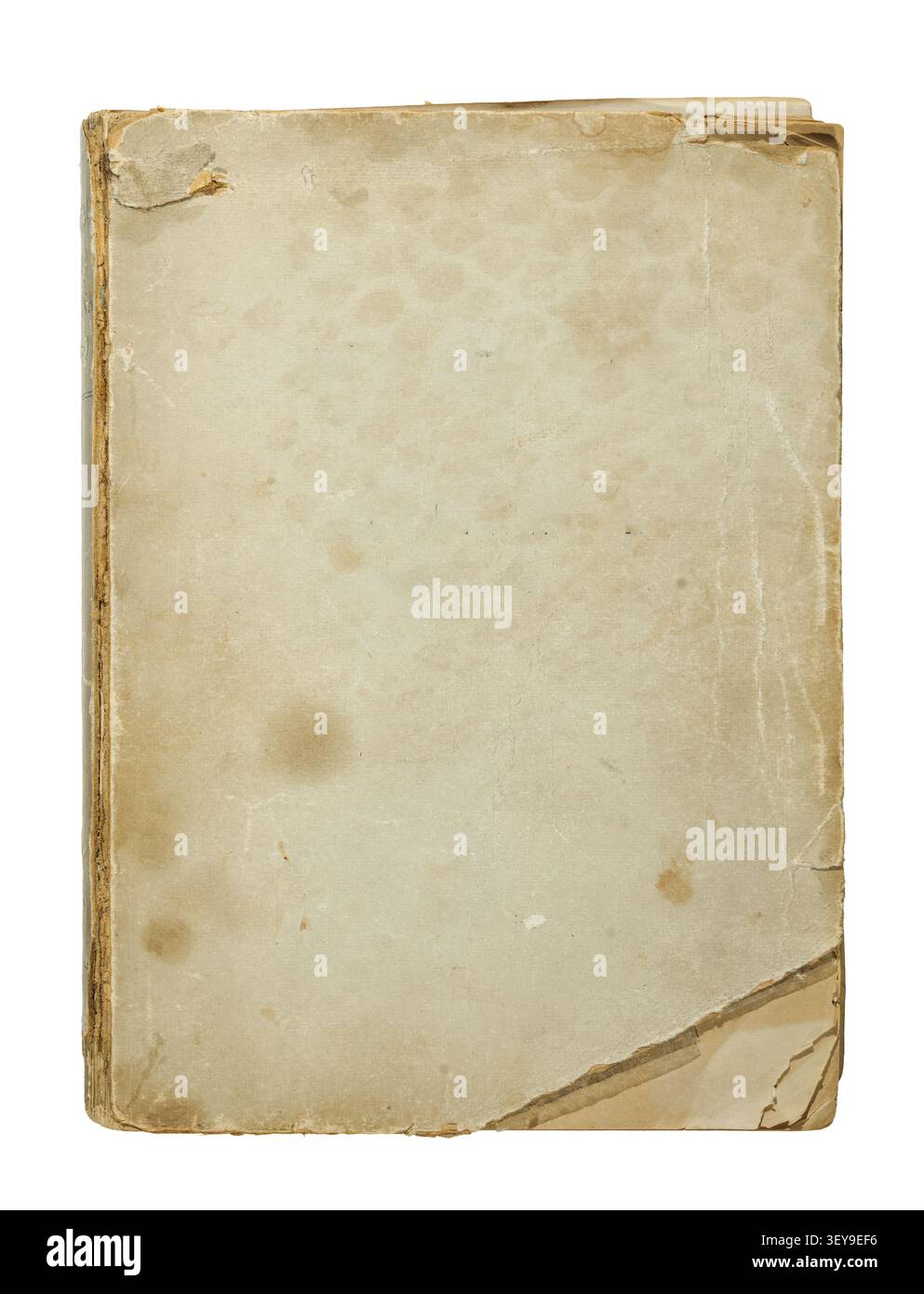 Ein abgenutzter, fleckiger und beschädigter Umschlag eines antiken leeren Buches auf weißem Hintergrund, isoliert auf weißem Hintergrund. Stockfoto