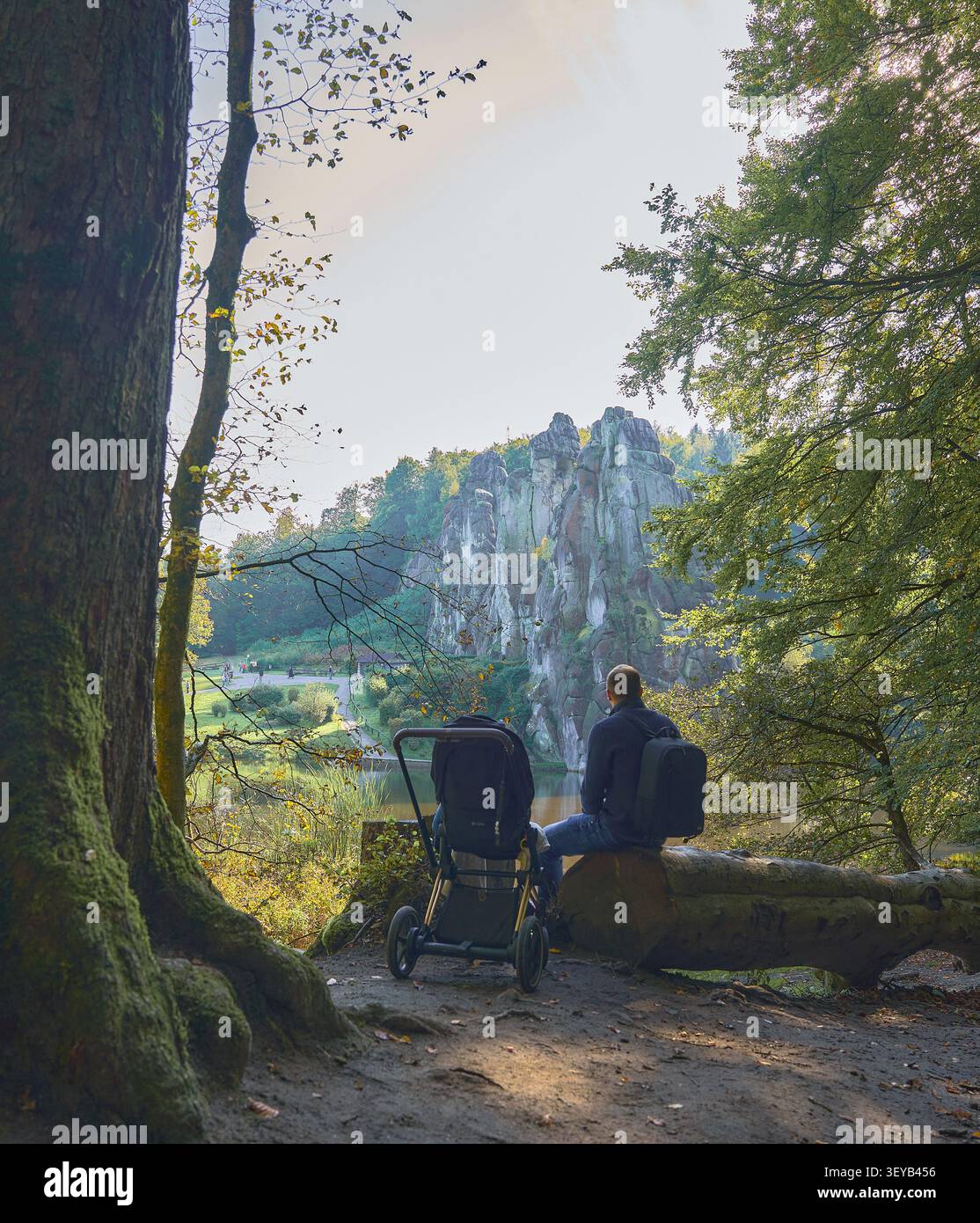 Dad sitzt auf einem umgefallenen Baumstamm neben einem Baby im Kinderwagen Stockfoto