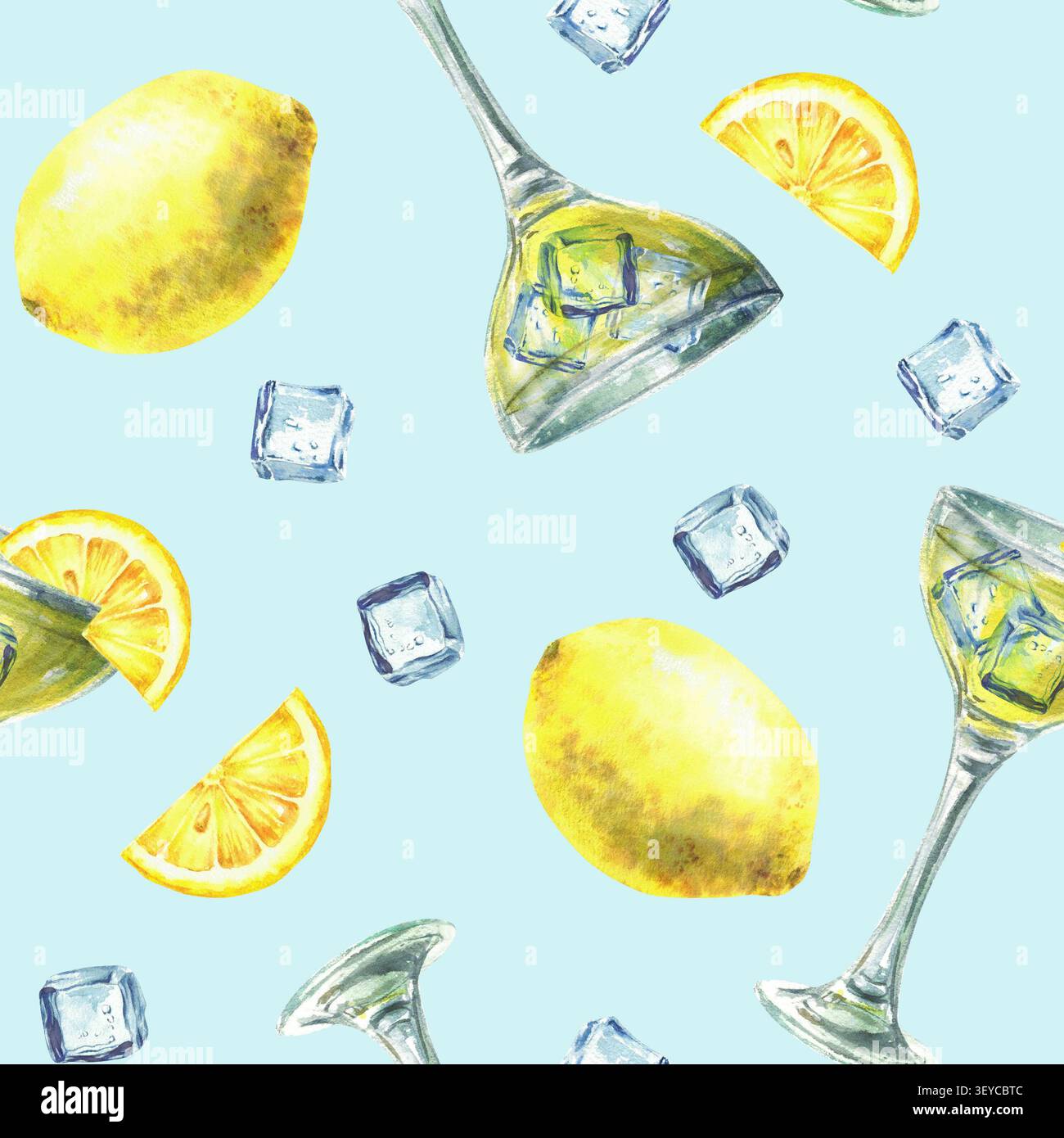 Limoncello Glas mit Eiswürfeln und nahtlosem Muster aus Zitronenscheiben. Aquarell handgezeichnetes Sommerdesign mit gelbem Getränk, Getränk, italienischem Likör Stockfoto