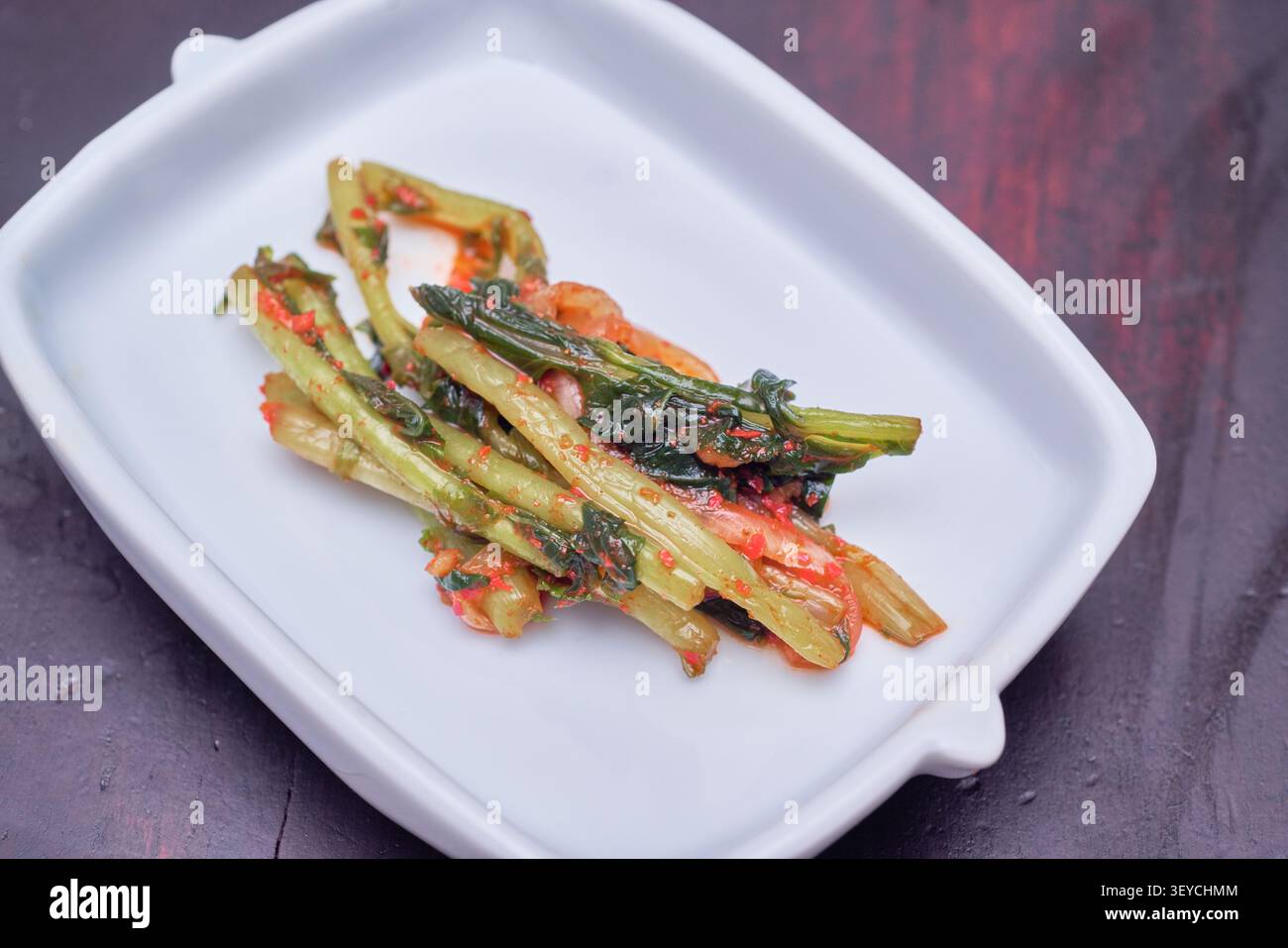 Minimalistische Präsentation würziger, fermentierter junger grüner Stiele auf weißem Gericht vor dunklem Hintergrund mit Kopierraum für kulinarische Konzepte. Stockfoto