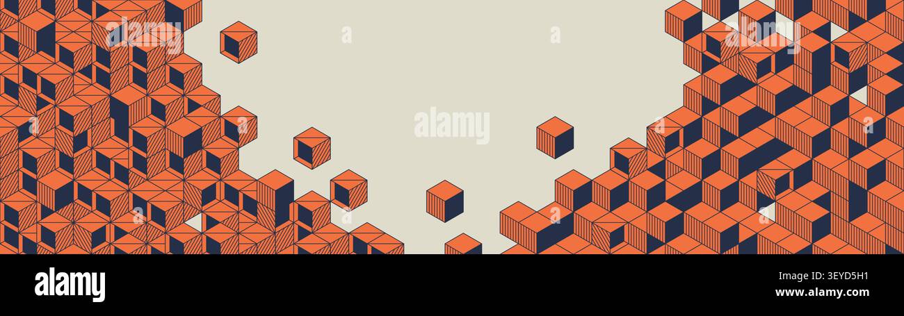 Abstraktes 3D-Block-Puzzle-Muster mit orangefarbenen und marineblauen Würfeln mit verschiedenen Texturen, Architektur-Vektor-isometrische Ornament, Brutalistische geometrische Stock Vektor