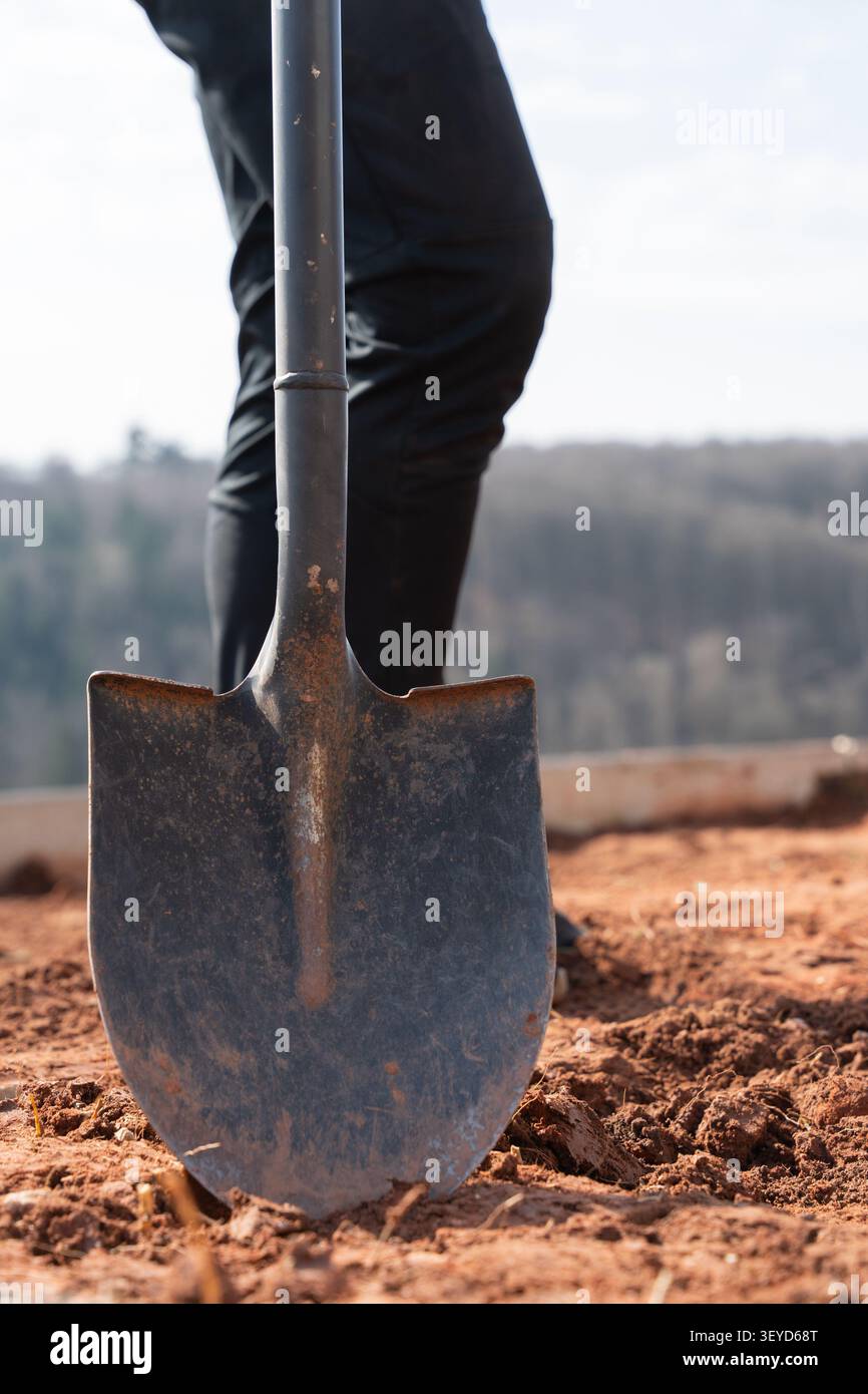 Eine schwarze Eisenschaufel sitzt fest im Boden und steht aufrecht zu den Füßen eines Arbeiters. Das Bild zeigt das Wesen der manuellen Arbeit im Freien Stockfoto