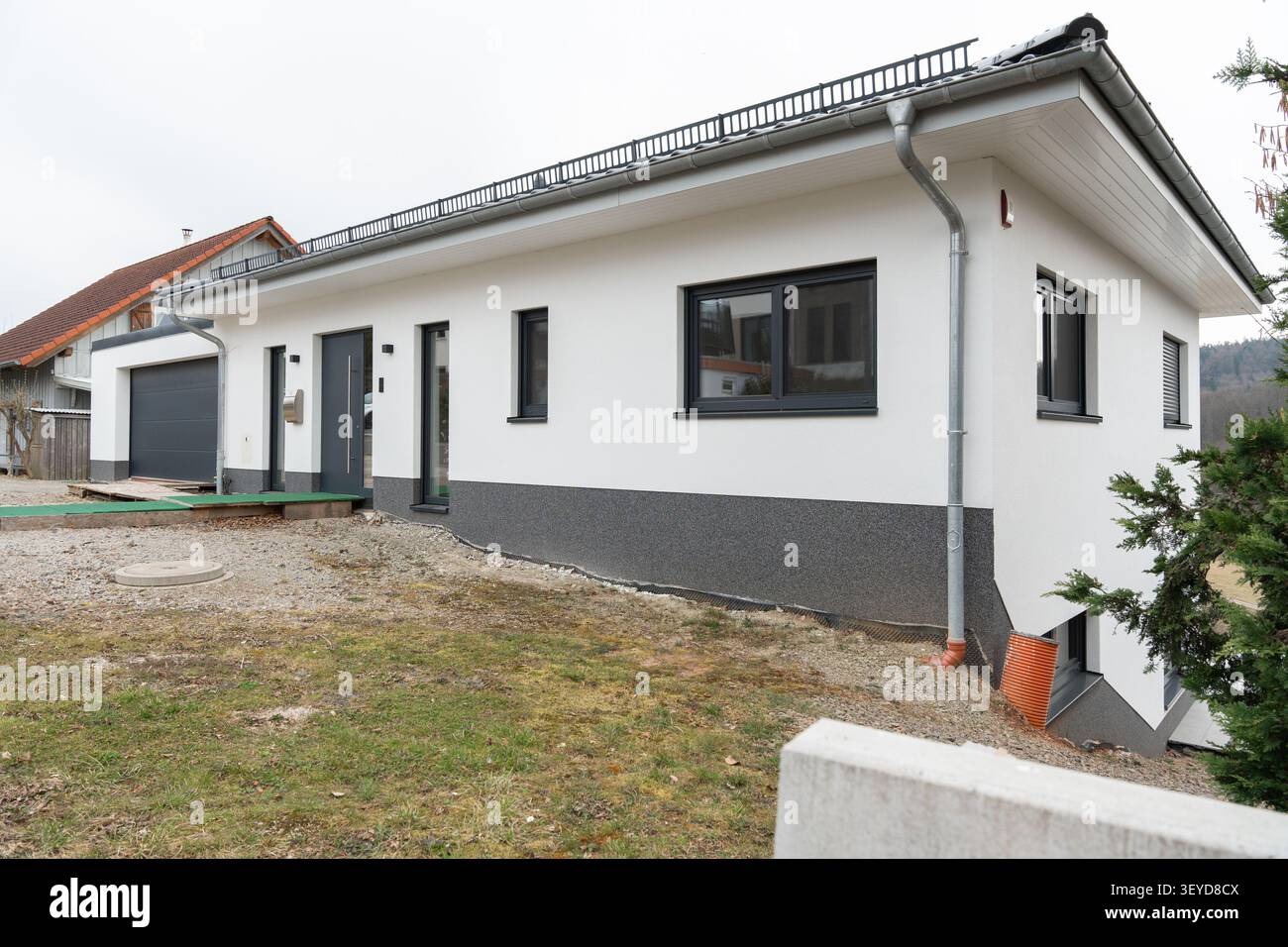 Modernes, einstöckiges Haus mit einem strahlend weißen Äußeren und kontrastfarbenen dunklen Fenstern auf einem sanft geneigten Hof. Das minimalistische Design Stockfoto