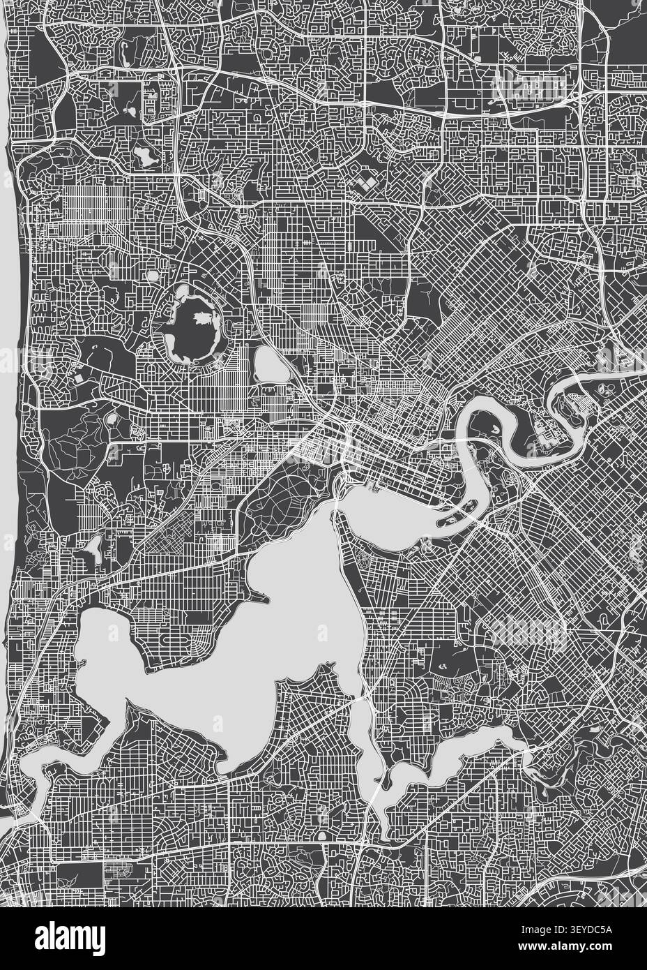 Detaillierte Vektorkarte von Perth ist die Hauptstadt von Western Australia, monochromer topografischer Stadtplan, Cartography Travel Poster Stock Vektor