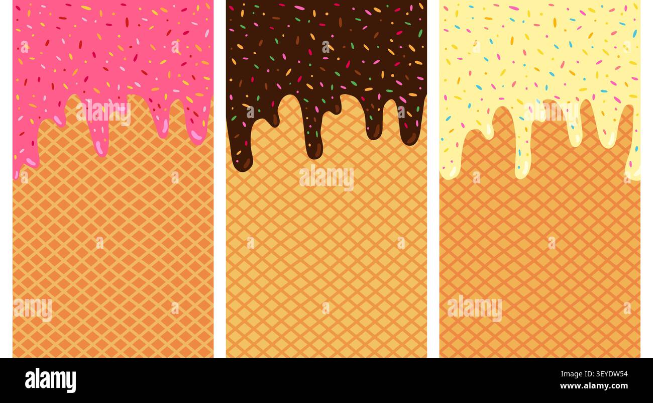 Eis und Waffelkegel vertikale Vektor Hintergründe, Vanille, Schokolade und Erdbeere schmelzendes Eis mit Zuckerstreuseln Stock Vektor