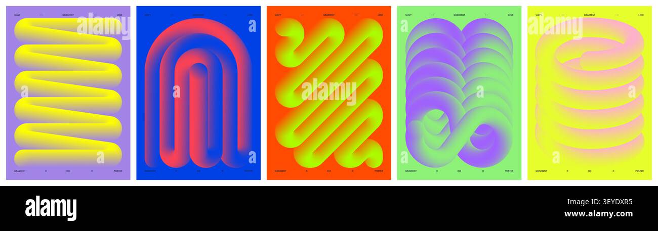 Minimalistische Vektor-Poster mit verdrehter volumetrischer Linie, bunter irisierender Wellenform, dynamischer mehrfarbiger Verlaufslinie und Schleifen, Geometrien Stock Vektor