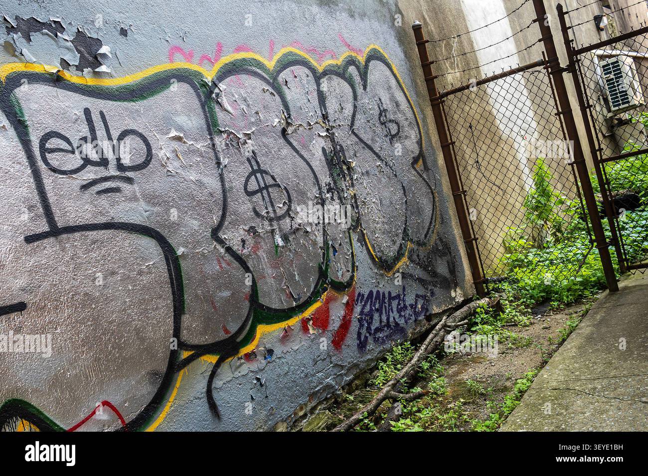 Graffiti in der Bronx, New York City, Graffiti-Anhänger mit Überwurf- oder Luftpolsterbuchstaben auf einem verlassenen Gebäude mit einem Stacheldraht-Maschendrahtzaun Stockfoto
