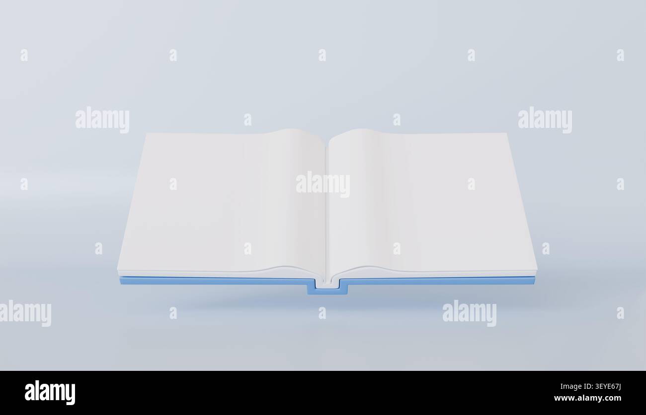 Offenes leeres Buch mit hellblauem Einband, minimalistisches Design für Bildung oder Lesekonzept Stockfoto