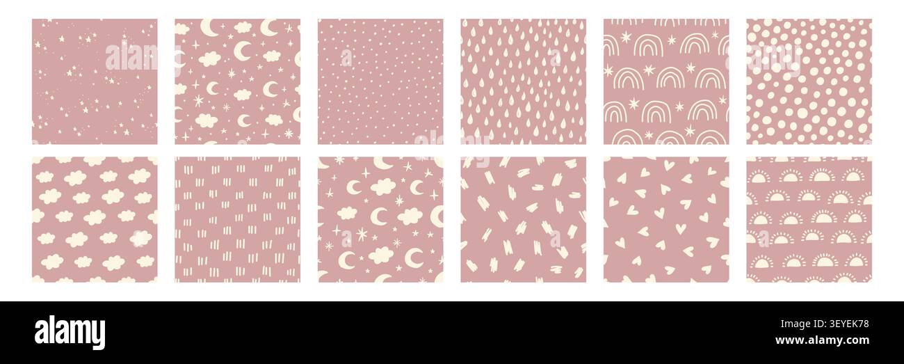 Böhmisches Babymuster mit nahtlosen abstrakten rosa Designs mit kleinen Strichen, Kreisen, Sternen, Regenbögen, Sonne, Mond, Herzen und Wolken. Niedlicher Kinderzimmer-Hintergrund für Stoff, Tapeten und Textilien Stock Vektor