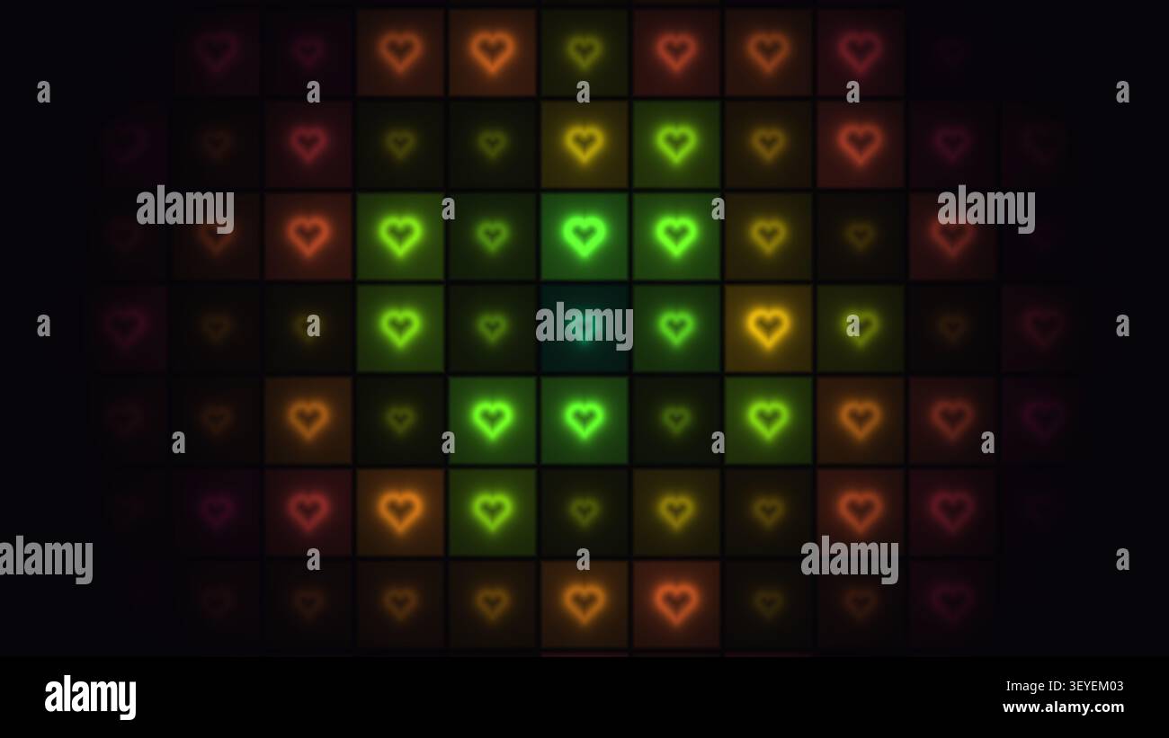 Ein Gitter aus Quadraten zeigt verschiedene Herzformen in hellen Farben an. Der Hintergrund ist dunkel und erzeugt einen lebhaften Kontrast zu den Neonfarben. Das Design f Stockfoto