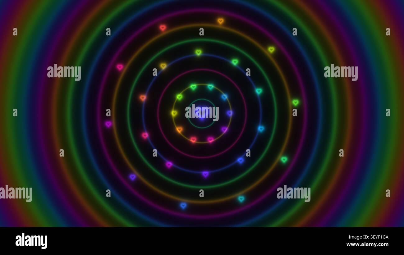 Dieses Design verfügt über farbenfrohe konzentrische Kreise mit kleinen Herzformen, die in einem spiralförmigen Muster angeordnet sind. Die leuchtenden Farben sorgen für einen lebendigen und verspielten Look Stockfoto