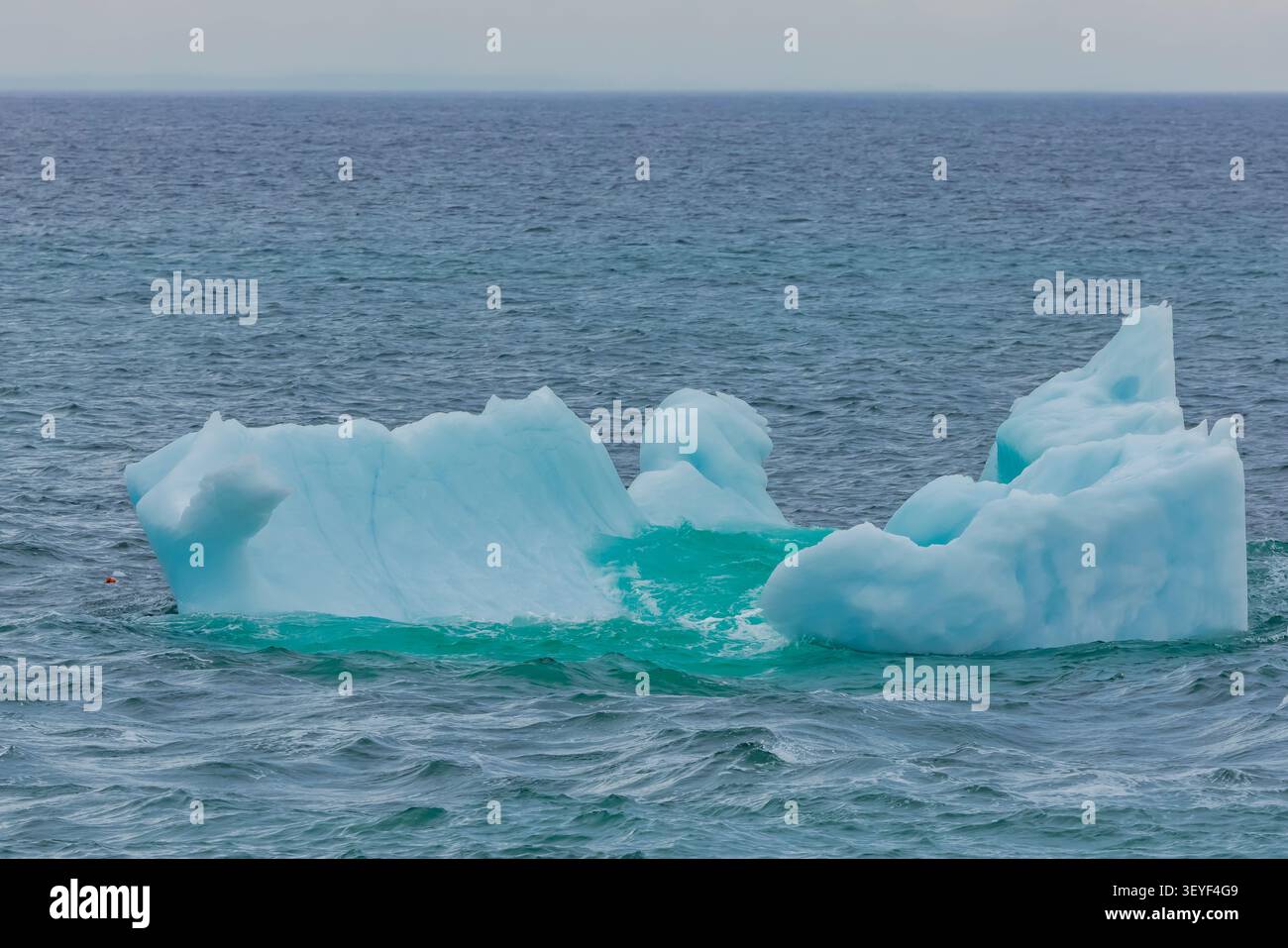 Ein eisiger Eisberg, der schmilzt und Wellen ausgesetzt ist, entlang der Bonavista-Halbinsel, Neufundland, Kanada Stockfoto