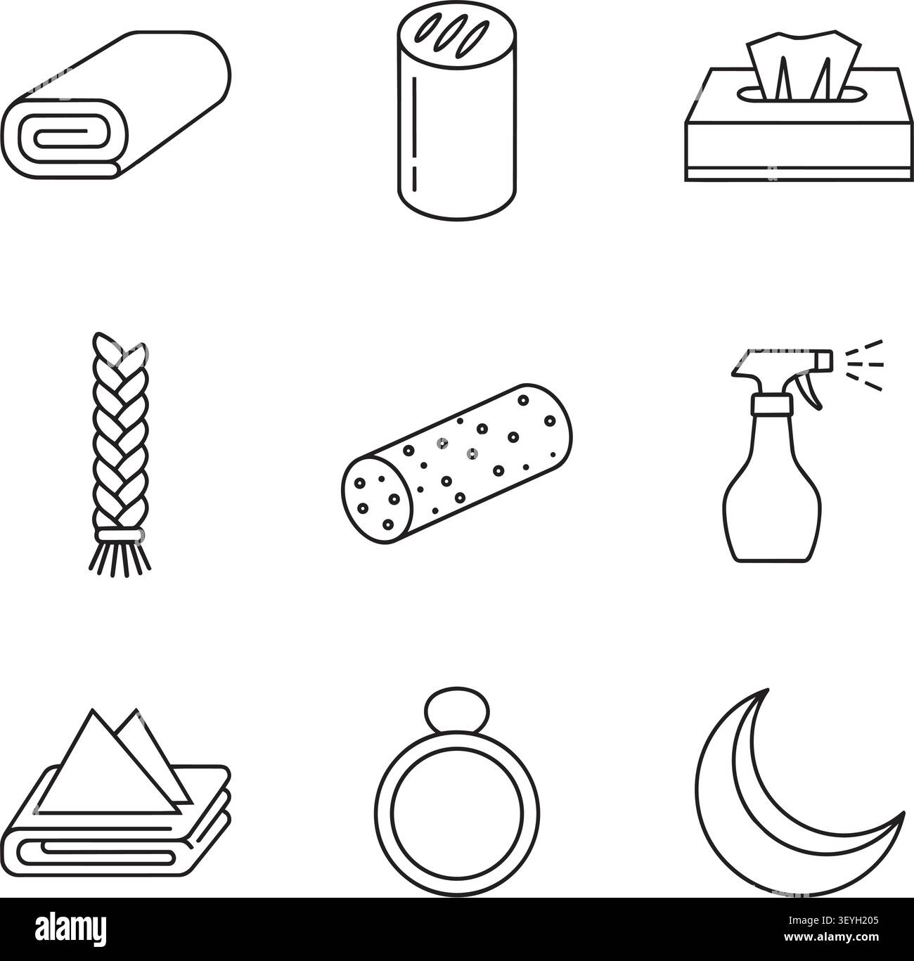 Set aus einfachen Symbolen in schwarz-weiß-Linien für häusliche Pflege und alltägliche Lifestyle-Objekte Stock Vektor