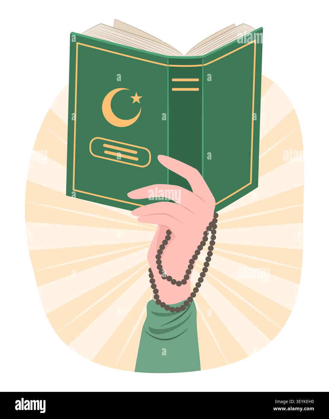 Menschliche Hand hält Al-Quran und Rosenkranzbeter Perlen für das Gebet zu Gott für die islamische Schrift Heiliges Buch und religiöse Gegenstände Konzept Clip Art Stock Vektor
