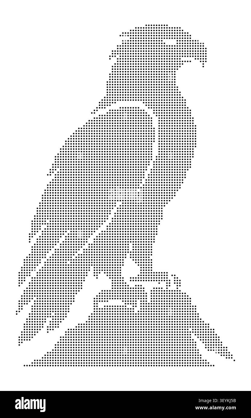 Eine schwarz-weiße Adler-Silhouette, zusammengesetzt aus kleinen quadratischen Pixeln, steht auf einem felsigen Sitzstange, isoliert auf weißem Hintergrund, Stil Stock Vektor