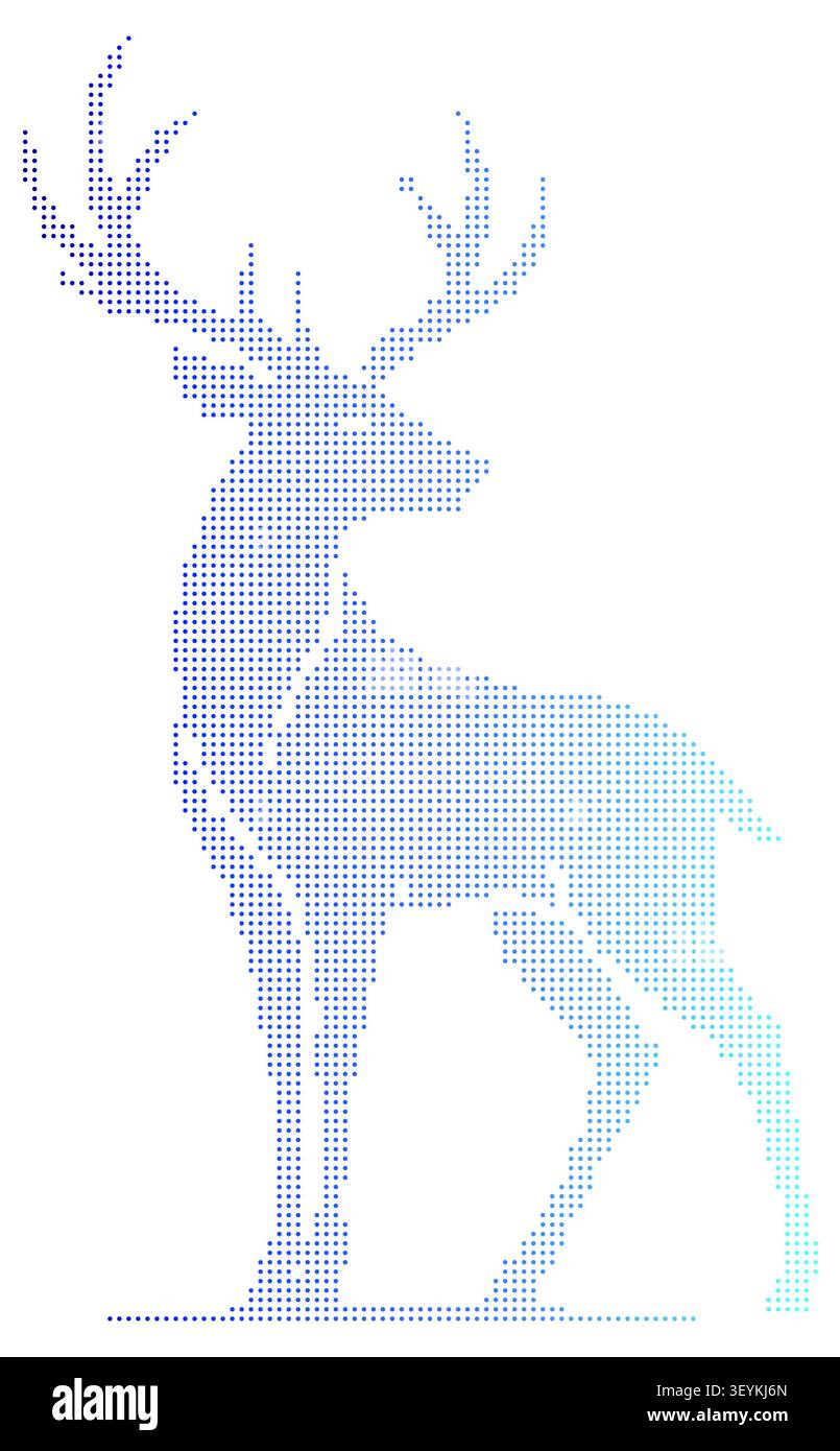 Eine stilisierte Hirschsilhouette, zusammengesetzt aus kleinen blauen Punkten, die in einem Rastermuster angeordnet sind, isoliert auf einem sauberen weißen Hintergrund, zur Verwendung Stock Vektor