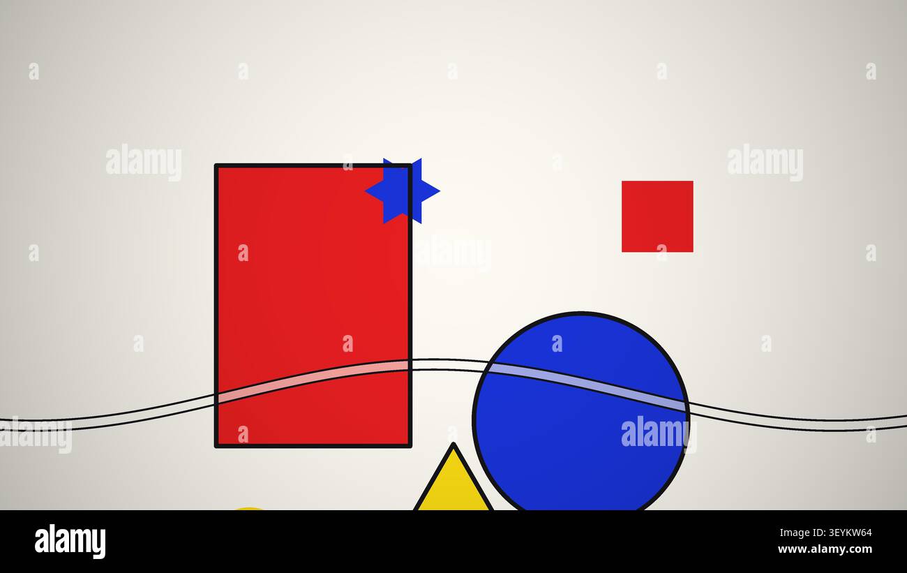 Verschiedene geometrische Formen in hellen Farben, darunter Rot, Blau, Gelb und Grün, sind vor einem hellen neutralen Hintergrund angeordnet. Die Formen erzeugen einen Stockfoto