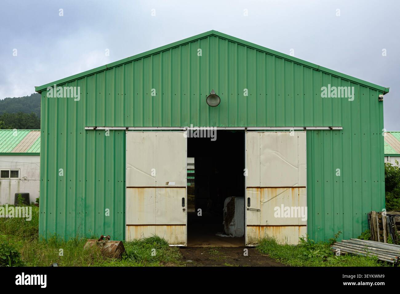 Green Metal Landwirtschaftsscheune mit offenen Schiebetüren auf dem Bauernhof Stockfoto