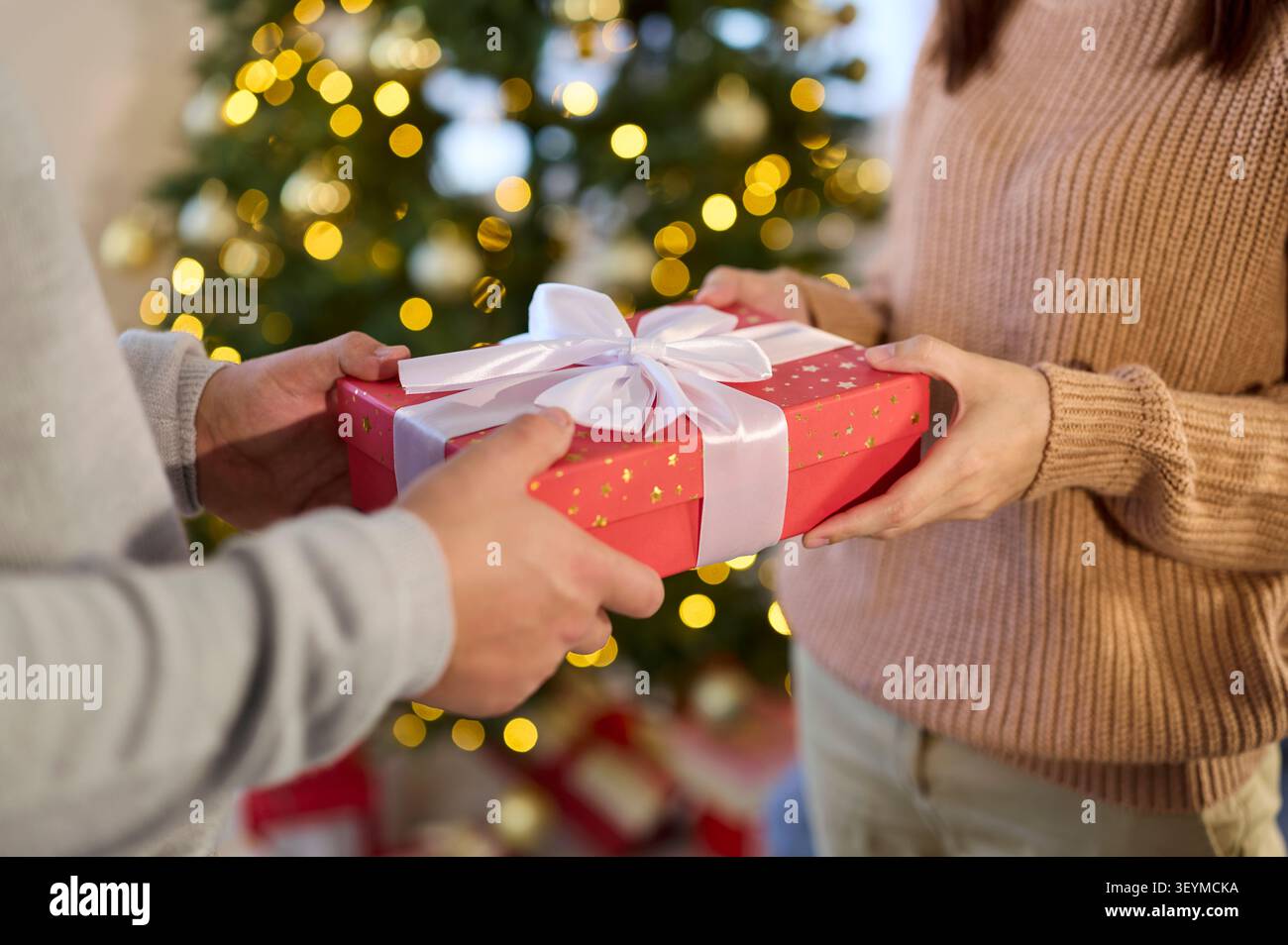 Hände eines glücklichen Paares tauschen Weihnachten Geschenkbox zu Hause durch Weihnachtsbaum mit Lichtern aus Stockfoto
