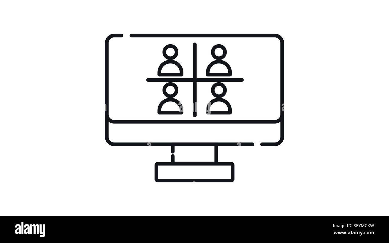 Symbol für Laptop-Videokonferenzen: Tragbarer Notebook-Computer mit Anzeige von Online-Meetings und virtuellen Anrufen mit Teilnehmern auf dem Bildschirm, minimalistische schwarze Linie Stock Vektor
