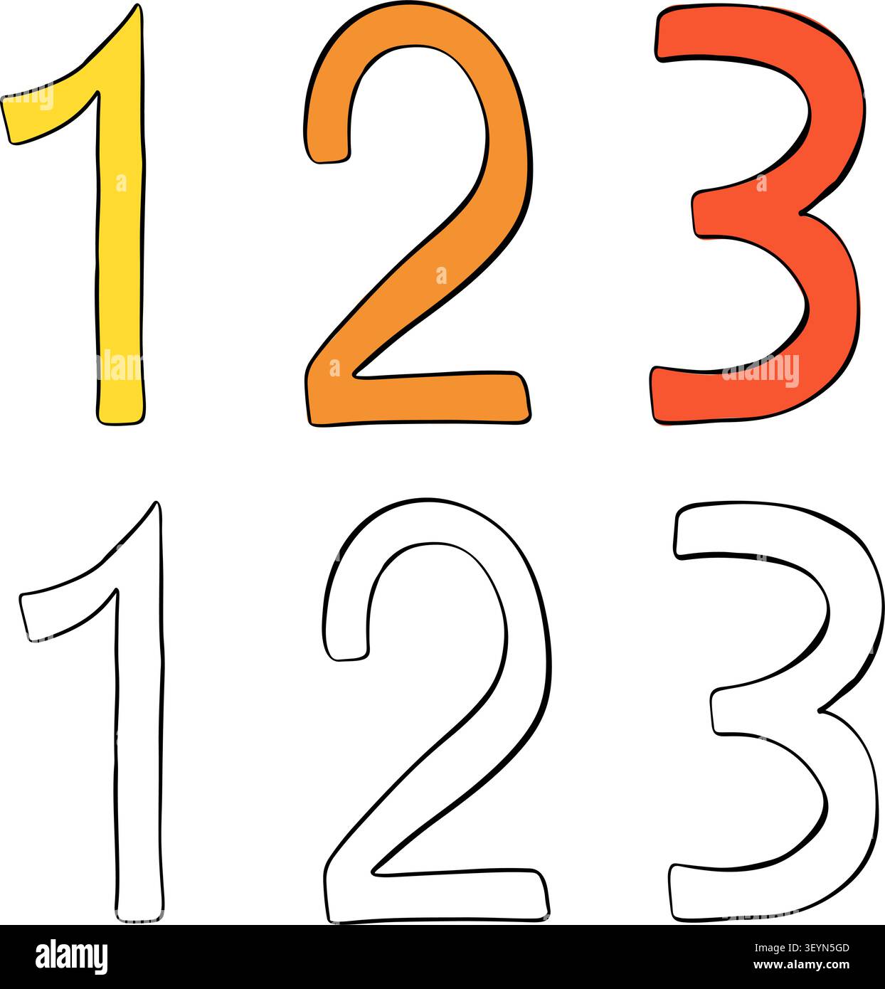 Nummer eins, zwei, drei. Schulsymbol farbige handgezeichnete Illustration. Grafischer Vektortinte. Banner, Poster, Geschenkpapier, Aufkleber, Druck, Modus Stock Vektor