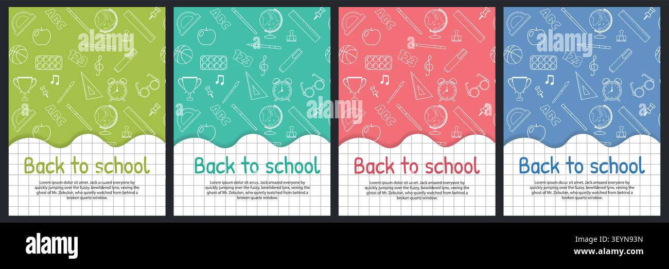 Zurück zur Schule. Vektorsatz mit vertikalen Vorlagen für Poster, Werbematerialien und Banner für Websites, Apps und soziale Medien. Stock Vektor