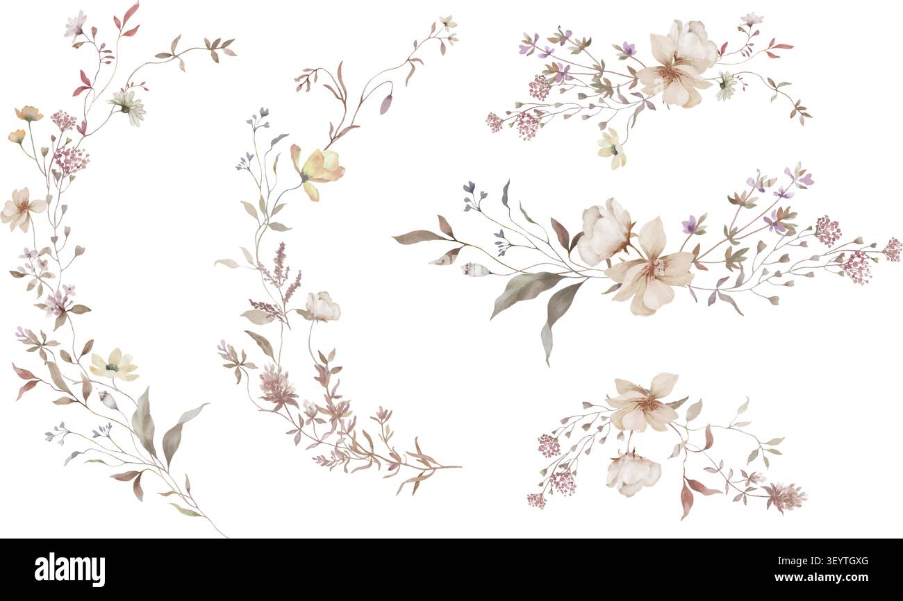 Aquarell Boho Herbst Blumen Arrangements Set, Herbst Hochzeit Kränze und Blumenstrauß Clipart, Creme und Muted Rose Botanische Vektor Elemente für Design Stock Vektor