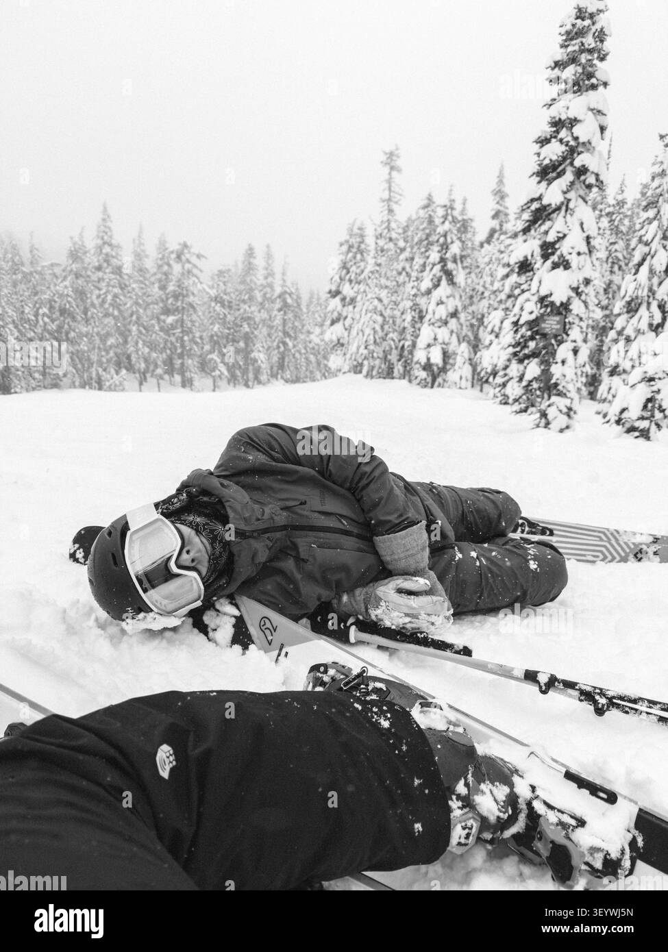 Ein Skifahrer liegt in tiefem Pulverschnee nach einem Sturz auf einem schneebedeckten Hang, umgeben von schneebeladenen immergrünen Bäumen an einem stürmischen Winter-Skitag. Stockfoto