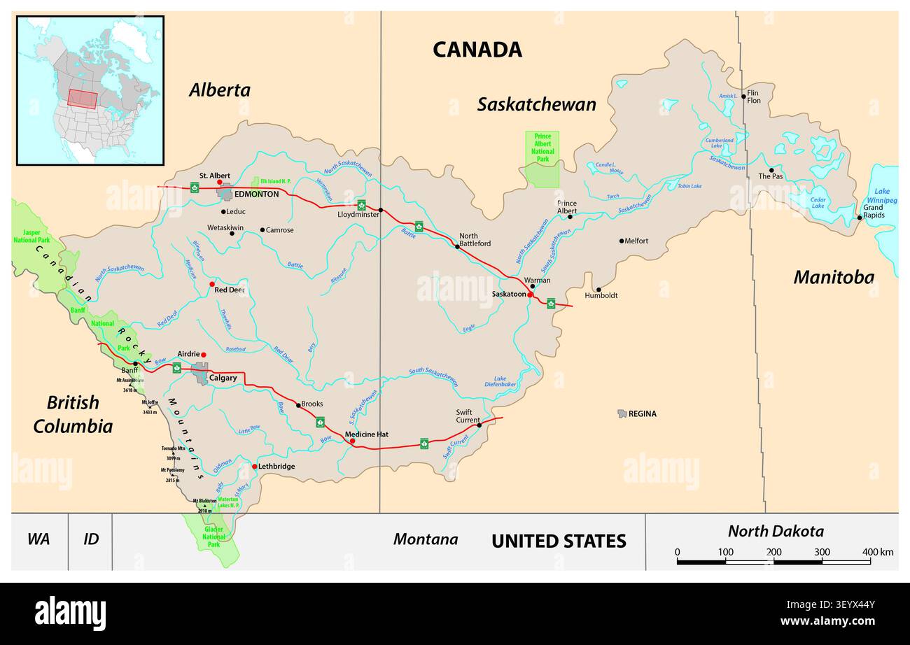 Karte des Einzugsgebiets des kanadischen Saskatchewan River Stockfoto