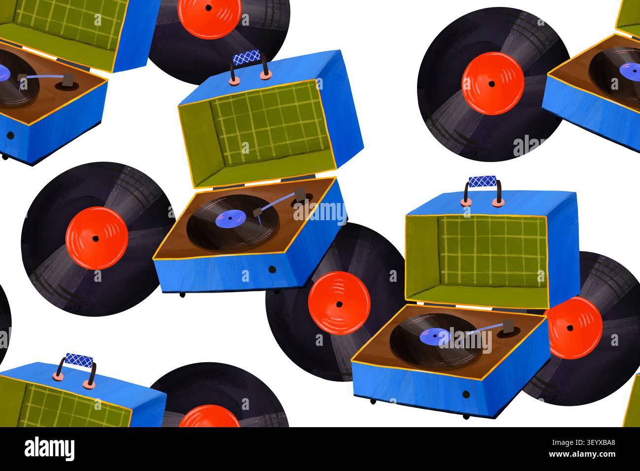 Abstrakte Tapete mit offenen blauen tragbaren Vintage-Plattenspielern und Vinylplatten mit roten Etiketten für Rockabilly-Partys oder Retro-Fans Stockfoto