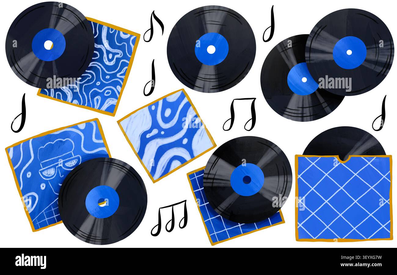 Handgezeichnete Schallplatten und abstrakte Cover Collage musikalische Clip-Art-Elemente für internationalen Jugendtag oder helle Retro-Partys Stockfoto