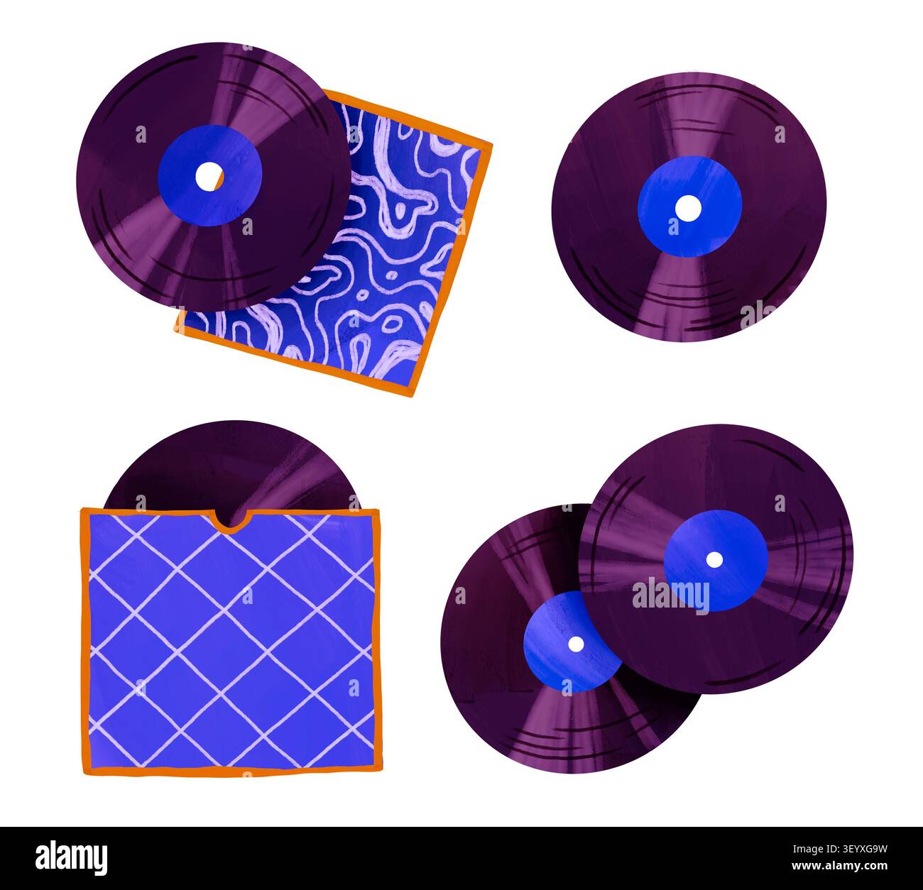 Horizontale Randschablone mit handgezeichneten Schallplatten und blauen Covern für Retro-Banner auf der musikalischen Website oder Post in sozialen Medien zum Weltmusiktag Stockfoto