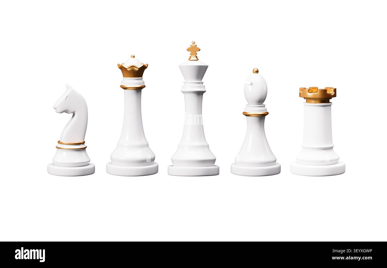 Realistische Schachfiguren und Schachbretter auf weißem Hintergrund. 3D-Rendering. 3D-Abbildung. Stockfoto