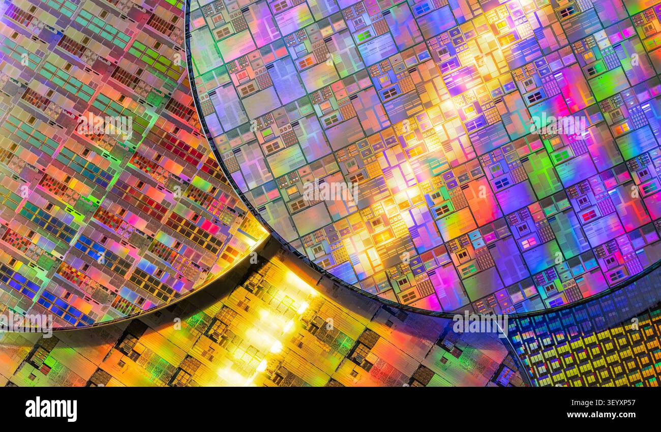 Silizium-Wafer mit Mikrochips, die in der Elektronik für die Herstellung von integrierten Schaltungen verwendet werden Stockfoto